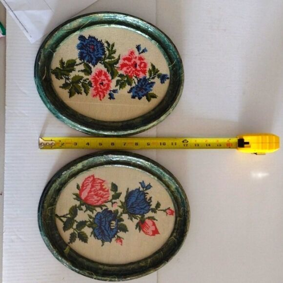 2 Vintage Oval Decoupage Framed Handmade Needlepoint Flowers Floral Artwork Boho - Picture 9 of 9